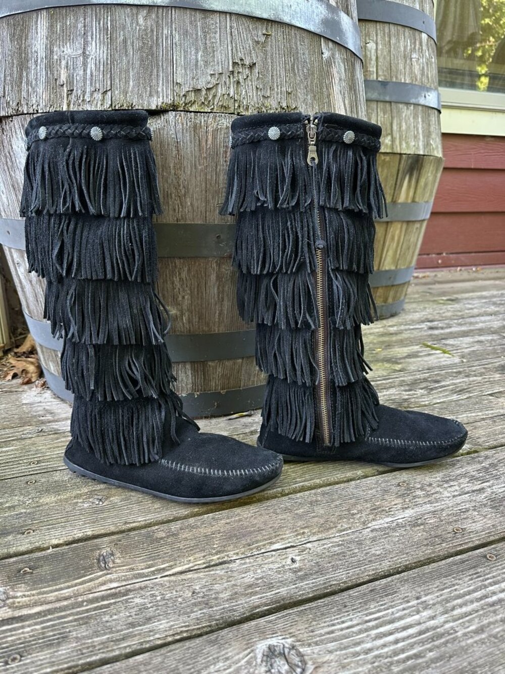 Minnetonka Moccasin Boots 5-Layer Fringe Women Size 9 Black Suede Mid Calf BOHO